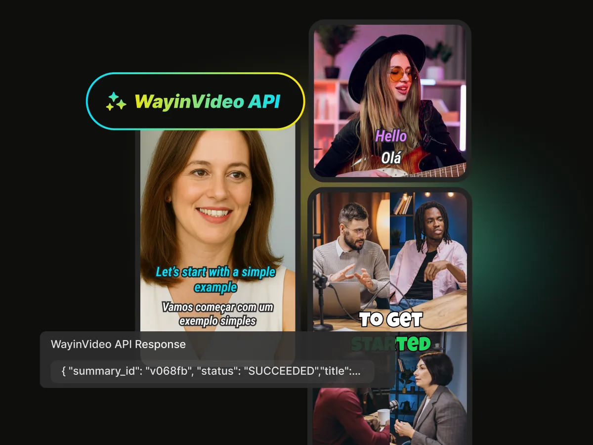Integração da API WayinVideo mostrando edição de vídeo programática, resposta JSON e tradução automática de legendas para fluxos corporativos